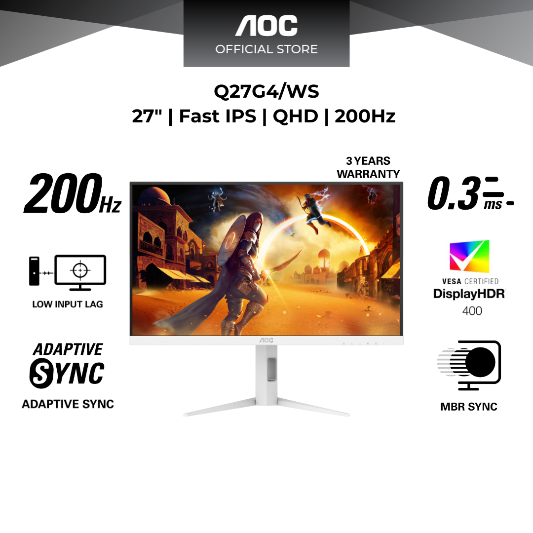 AOC Q27G4/WS 27 Inch QHD 200Hz 0.03ms Fast IPS HDR400 Gaming Monitor
