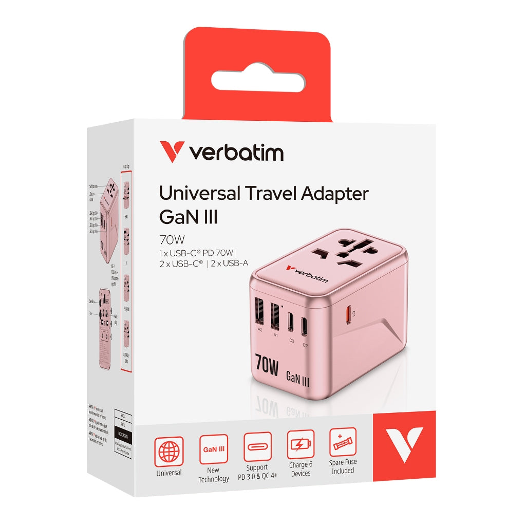 Verbatim 5-Port 70W GaN Travel Adapter - VM-30170/VM-30171/VM-30172