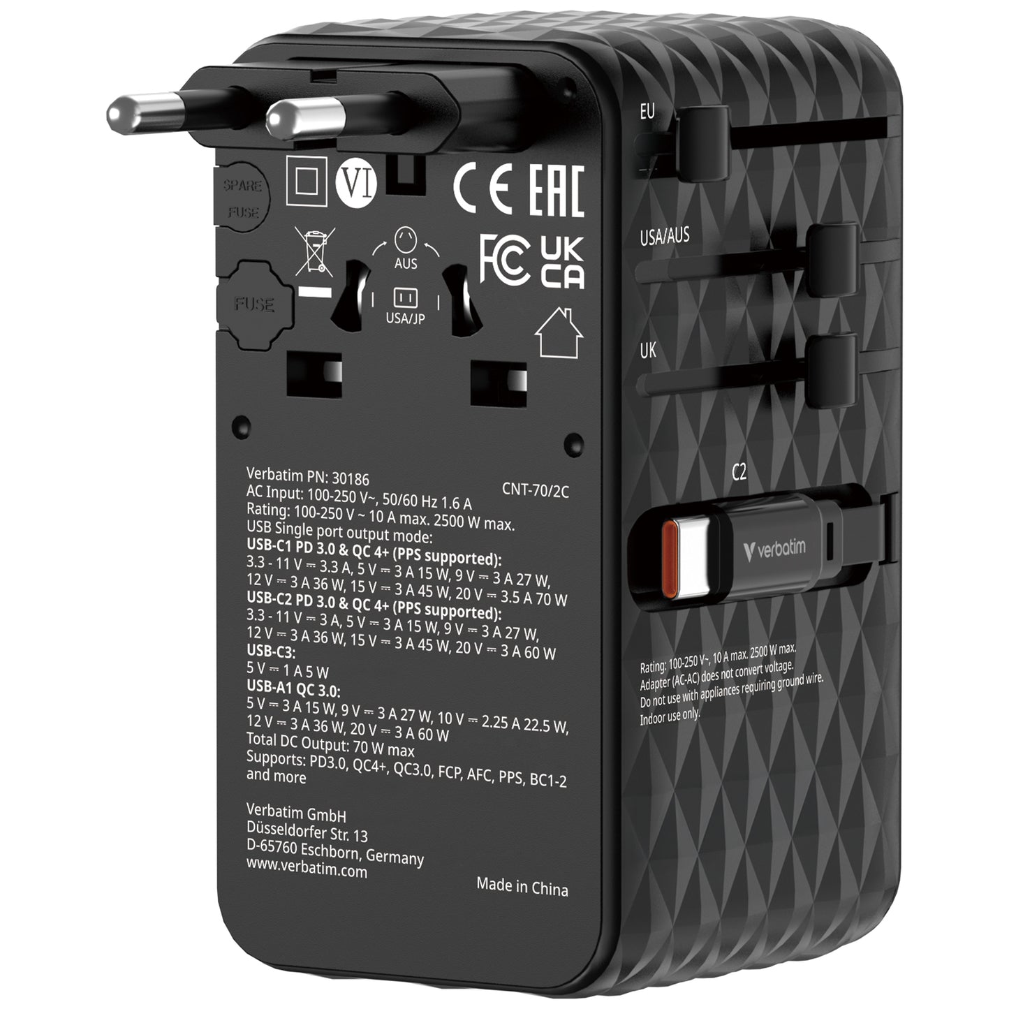 Verbatim 4-Ports 70W GaN Universal Travel Adapter with 2x USB-C Retractable Cable - VM-30186