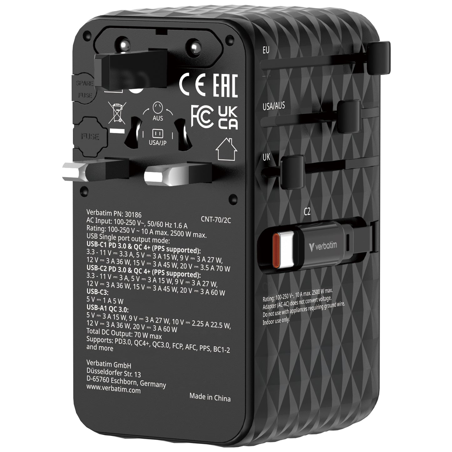 Verbatim 4-Ports 70W GaN Universal Travel Adapter with 2x USB-C Retractable Cable - VM-30186