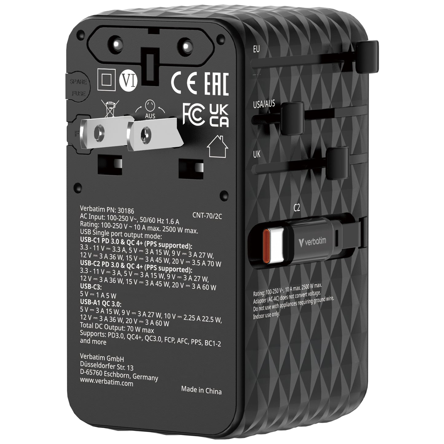 Verbatim 4-Ports 70W GaN Universal Travel Adapter with 2x USB-C Retractable Cable - VM-30186