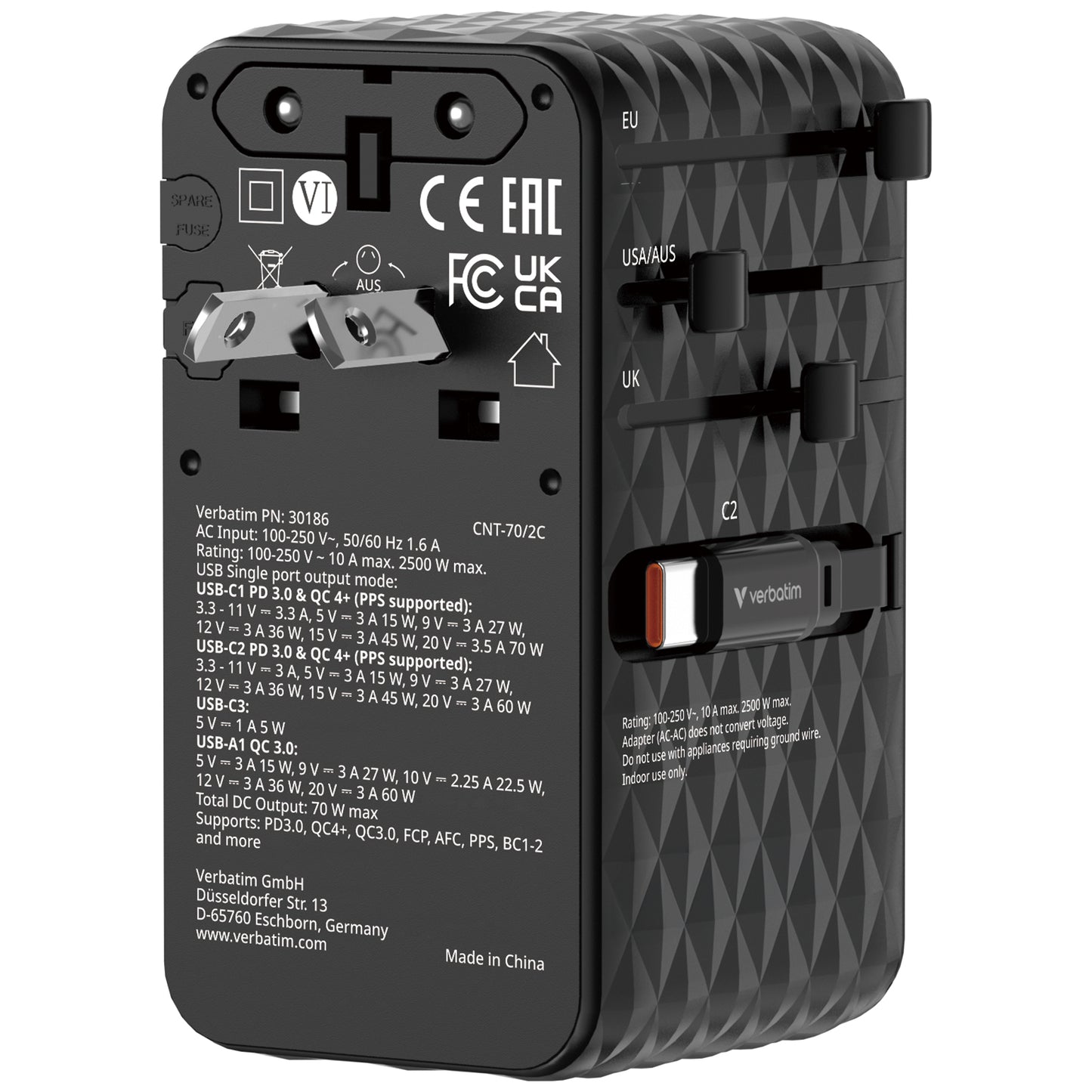 Verbatim 4-Ports 70W GaN Universal Travel Adapter with 2x USB-C Retractable Cable - VM-30186