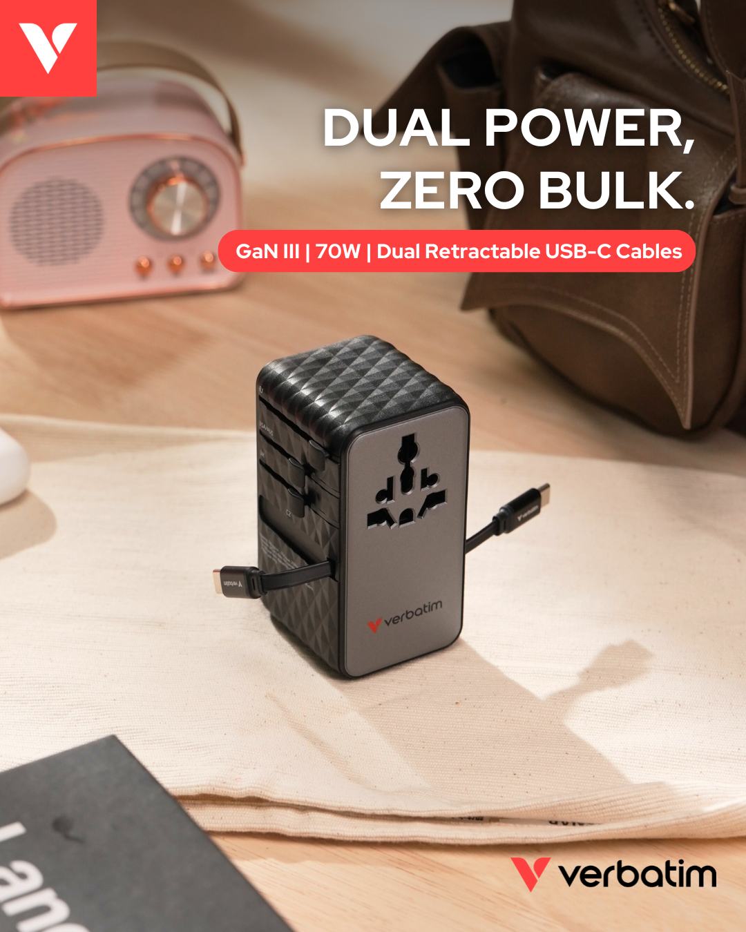 Verbatim 4-Ports 70W GaN Universal Travel Adapter with 2x USB-C Retractable Cable - VM-30186