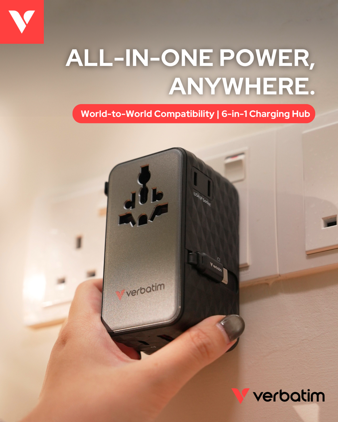 Verbatim 4-Ports 70W GaN Universal Travel Adapter with 2x USB-C Retractable Cable - VM-30186