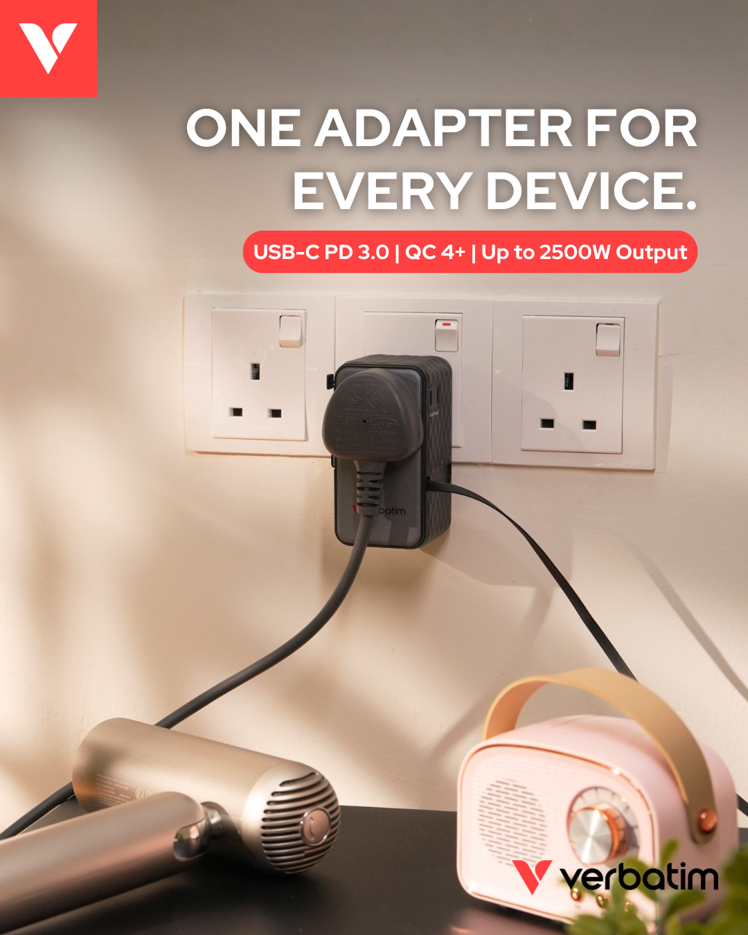 Verbatim 4-Ports 70W GaN Universal Travel Adapter with 2x USB-C Retractable Cable - VM-30186