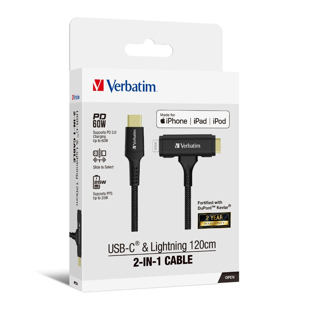Verbatim 120cm USB-C & Lightning 2-in-1 Cable (PD60W) - VM-66974