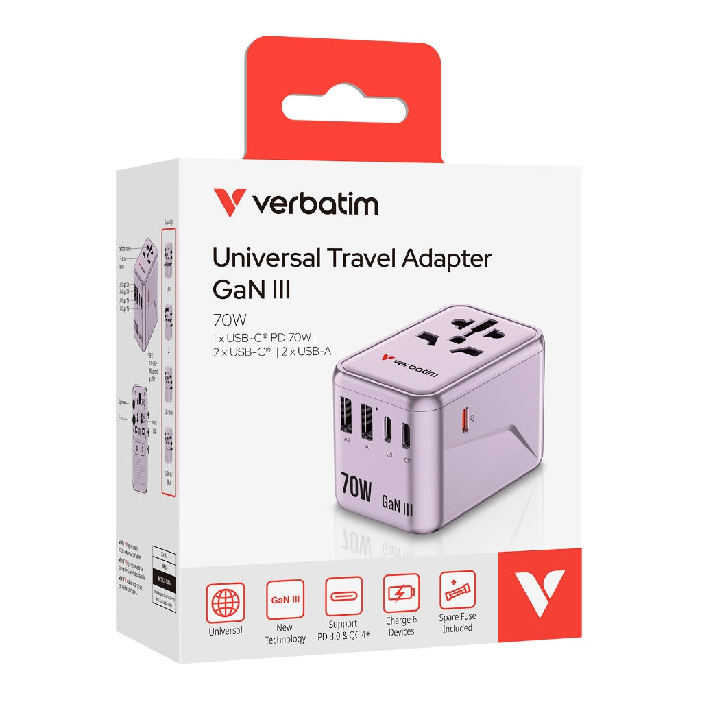 Verbatim 5-Port 70W GaN Travel Adapter - VM-30170/VM-30171/VM-30172