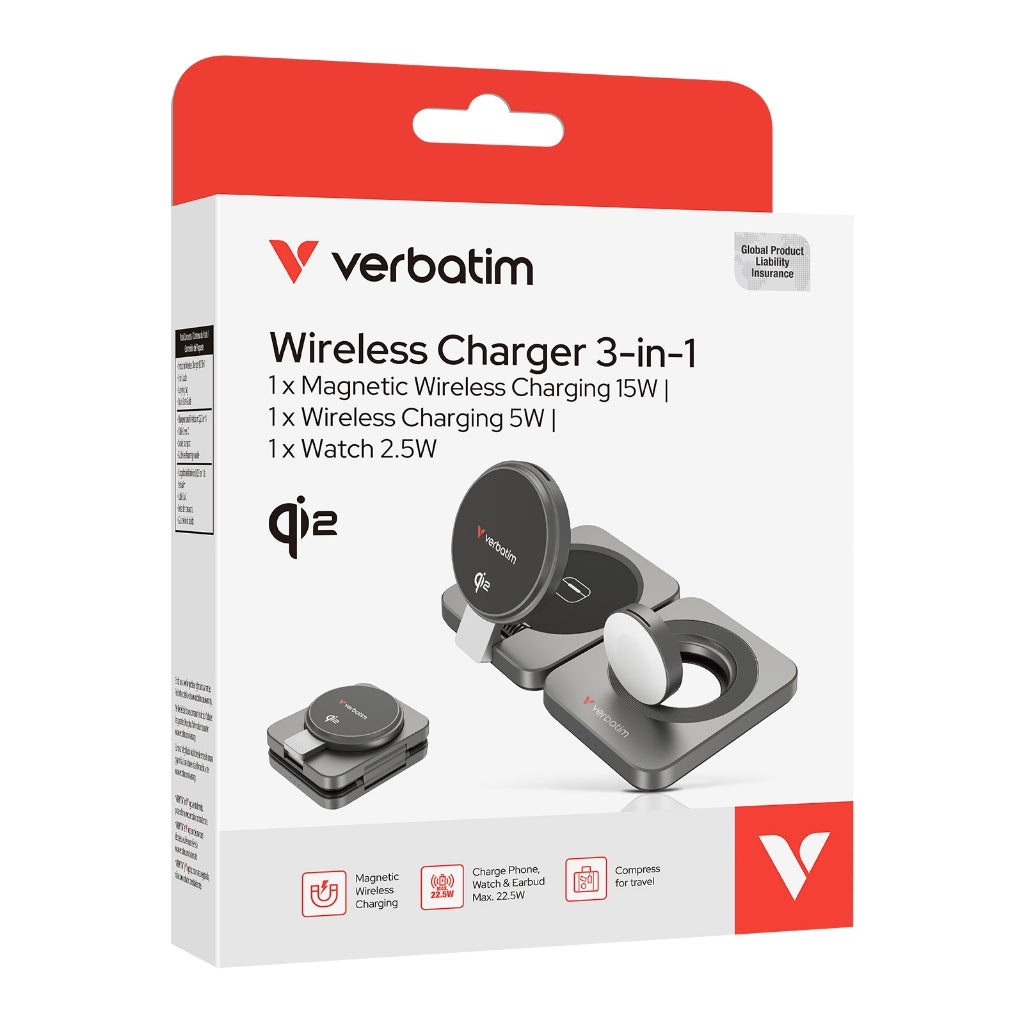 Verbatim 3-in-1 Qi2 Wireless Charger (WCDQi201) - VM-67032/VM-67033