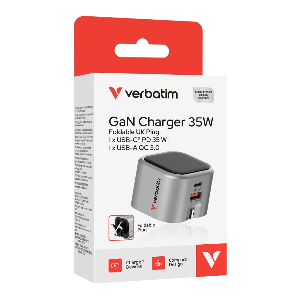 Verbatim 2 Port 35W GaN Charger Foldable UK Plug - VM-32350