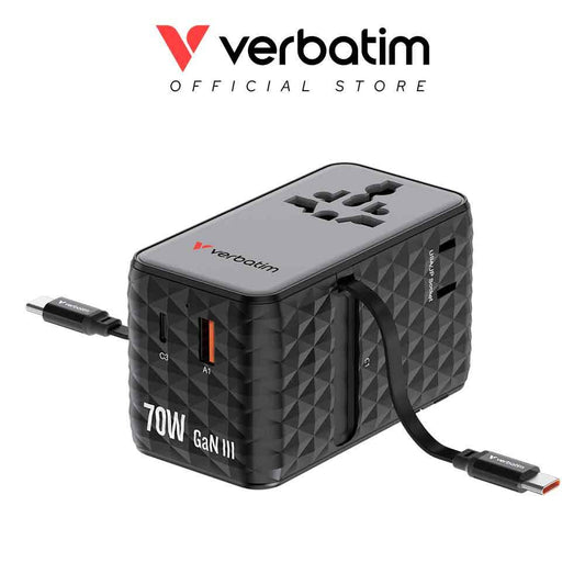 Verbatim 4-Ports 70W GaN Universal Travel Adapter with 2x USB-C Retractable Cable - VM-30186