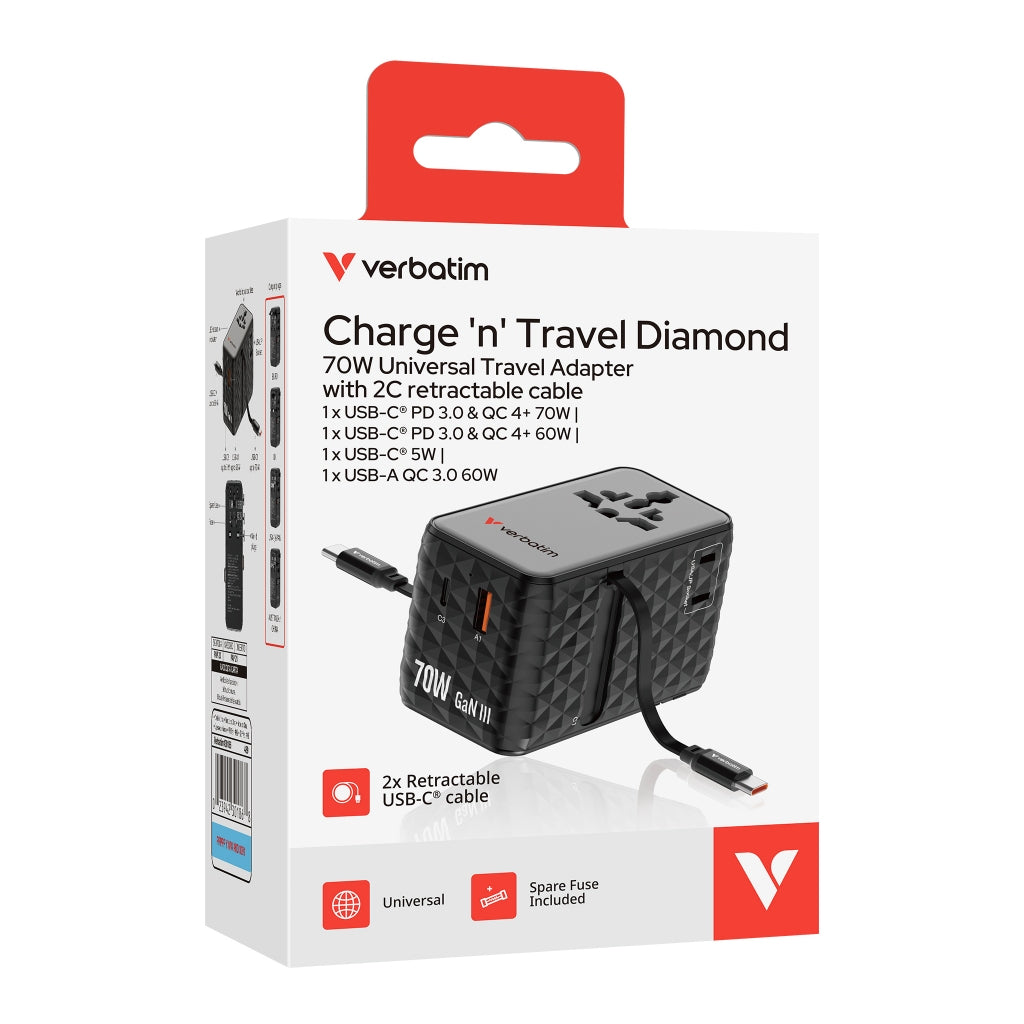 Verbatim 4-Ports 70W GaN Universal Travel Adapter with 2x USB-C Retractable Cable - VM-30186