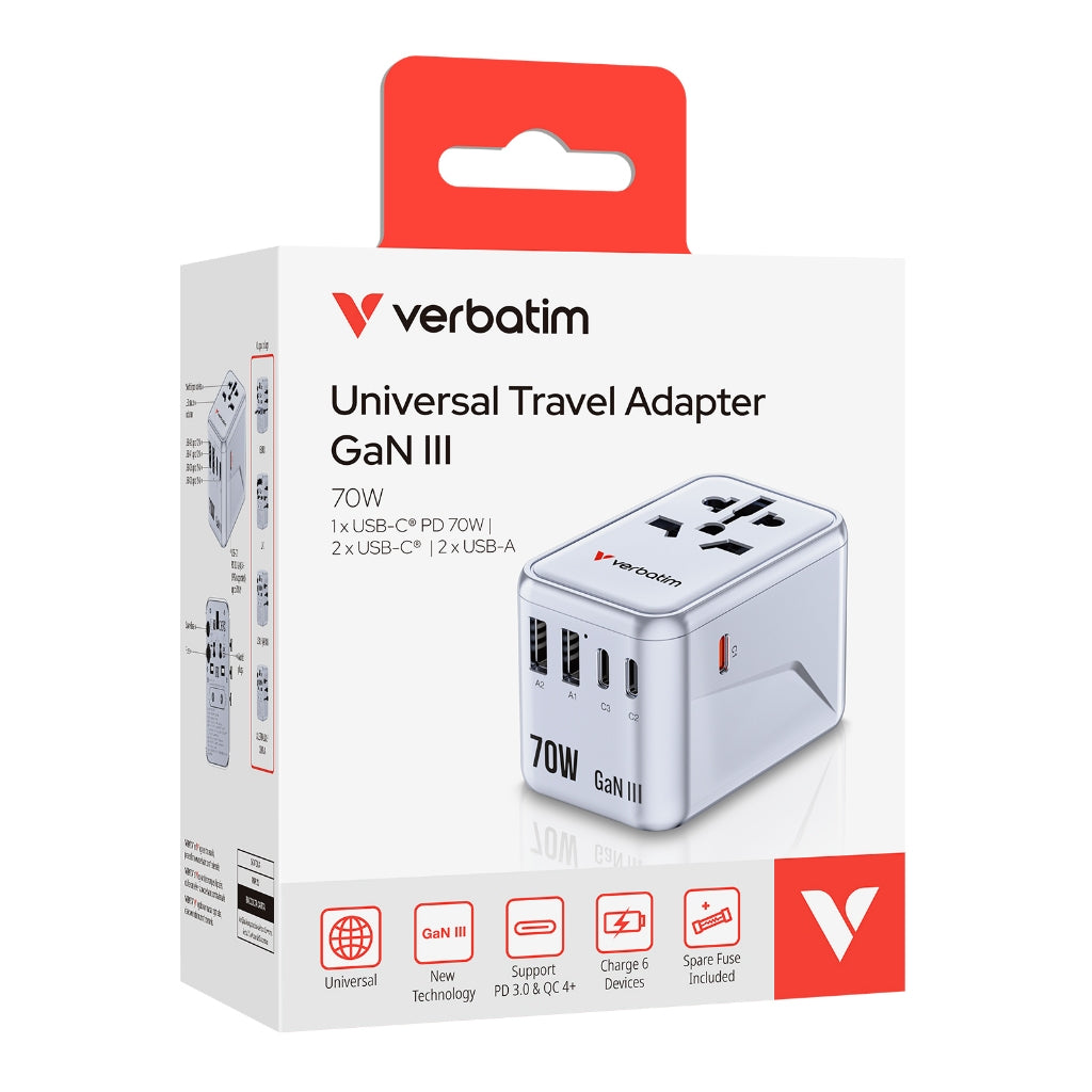 Verbatim 5-Port 70W GaN Travel Adapter - VM-30170/VM-30171/VM-30172